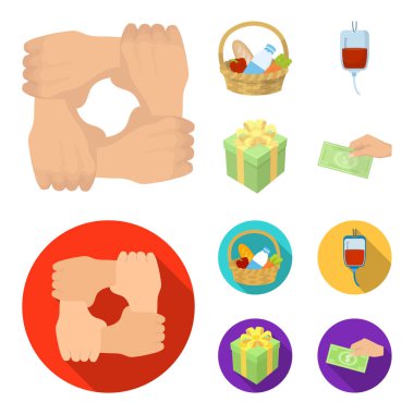 Destek elinde, bir sepet gıda bağış, donör kan, bir hediye bağış kutusu ile jesti. Yardım ve bağış toplama simgeler çizgi film, düz stil vektör simge stok çizim web ayarla.