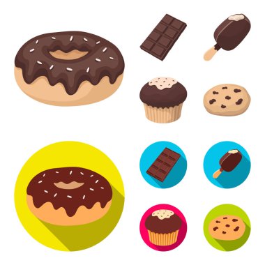 Çörek çikolata, zskimo, shokolpada döşeme, bisküvi. Çikolatalı tatlılar toplama simgeler çizgi film, düz stil vektör simge stok çizim web ayarla..