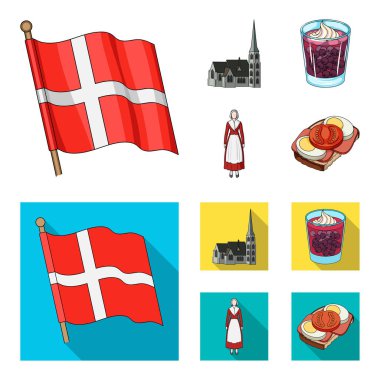 Bayrak, Milli, sembol ve diğer web simgesi karikatür, düz stil. Danimarka, Tarih, turizm, küme koleksiyon simgeler.