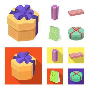 Fiyonklu hediye paketi hediye kutusu. Hediyeler ve sertifikaları çizgi film, düz stil vektör simge stok çizim web simgeler ayarla.