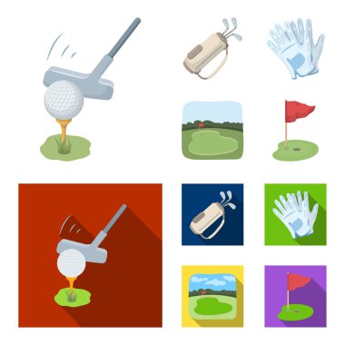 Bir golf kulübü, sopa, eldiven, bir golf sahası ile çanta topla. Golf Kulübü çizgi film, düz stil vektör simge stok çizim web simgeler ayarla.