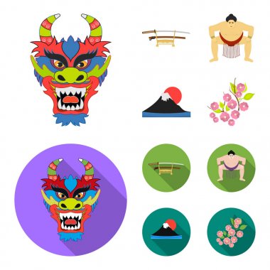 Dragon maskesi, katano, bir adam bir sumo, fujiama dağ ismi. Japonya toplama simgeler çizgi film, düz stil vektör simge stok çizim web ayarla..