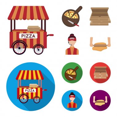 Mobil römork, pizza, kutular, satıcı için tahta kesme. Pizza ve pizza çizgi film, düz stil vektör simge stok çizim web simgeler ayarla.