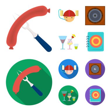 Kızarmış sosis, bira kask, kokteyller, hoparlör. Pub toplama simgeler çizgi film, düz stil vektör simge stok çizim web ayarla..