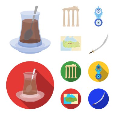Türk çayı, muska, Harabeleri antik, bölge haritası. Türkiye'de karikatür, düz stil vektör simge stok çizim web simgeler ayarla.