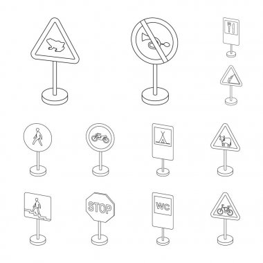 Yol işaretleri farklı set koleksiyonu tasarım için simgeleri anahat. Uyarı ve yasağı işaretler sembol stok web illüstrasyon vektör.
