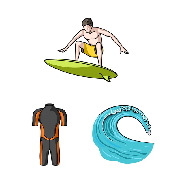 Surfen en extreme cartoon pictogrammen in set collectie voor design. Surfer en accessoires vector symbool voorraad web illustratie. — Stockvector
