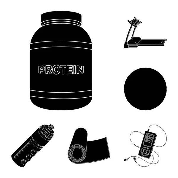 Gym en opleiding zwarte pictogrammen in set collectie voor design. Fitnessruimte en apparatuur symbool voorraad web vectorillustratie. — Stockvector