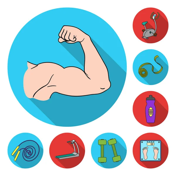 Fitness and attributes flat icons in set collection for design. Fitness equipment vector symbol stock web illustration. — Stock Vector