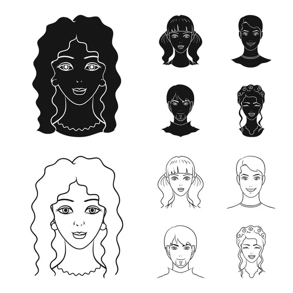 Olika utseende av unga människor. Avatar och ansikte som samling ikoner i svart, disposition stil vektor symbol stock illustration web. — Stock vektor