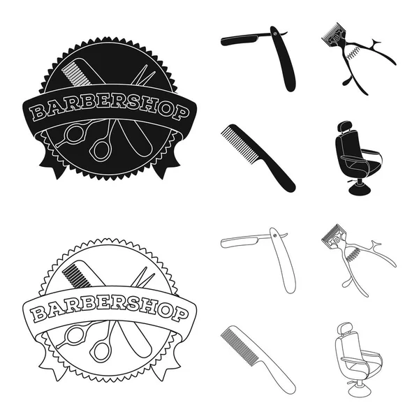 Una maquinilla de afeitar, un cortador de pelo mecánico, un sillón y otros equipos para un peluquero.Iconos de colección conjunto de barbería en negro, contorno estilo vector símbolo stock ilustración web . — Archivo Imágenes Vectoriales