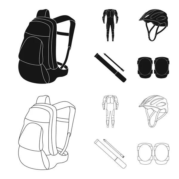 Ganzkörperanzug für den Fahrer, Helm, Pumpe mit Schlauch, Knieprotektoren. Radfahrer Outfit Set Kollektion Symbole in schwarz, Umriss Stil Vektor Symbol Stock Illustration Web. — Stockvektor