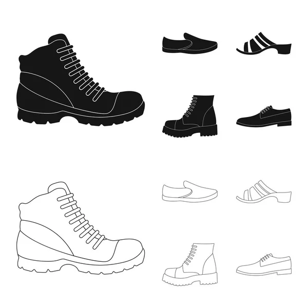 A set of icons on a variety of shoes.Different shoes single icon in black, outline style vector web symbol stock illustration . — стоковый вектор