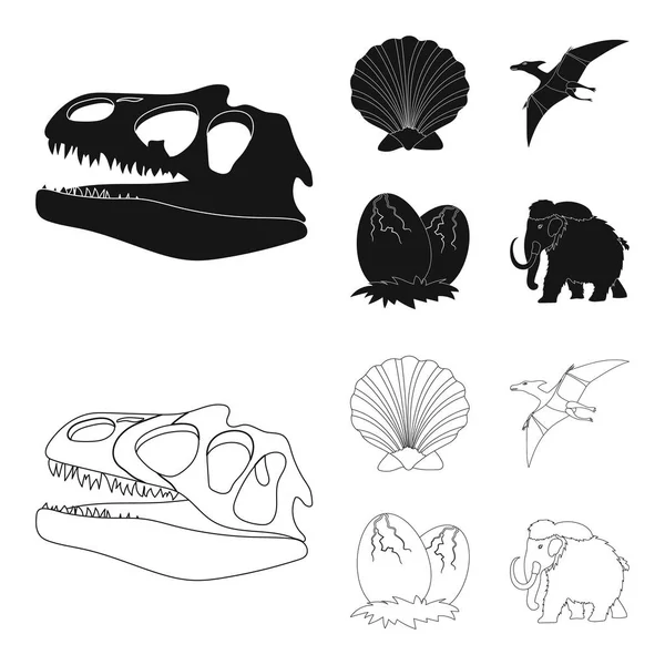 Prähistorische Schale, Dinosauriereier, Flugsaurier, Mammut. Dinosaurier und prähistorische Periode setzen Sammlungssymbole in schwarz, umreißen Stil Vektor Symbol Stock Illustration Web. — Stockvektor