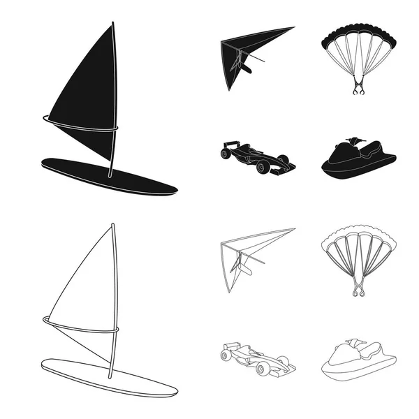 Planeador colgante, paracaídas, coche de carreras, scooter.Extreme agua deporte conjunto colección iconos en negro, contorno estilo vector símbolo stock ilustración web . — Vector de stock