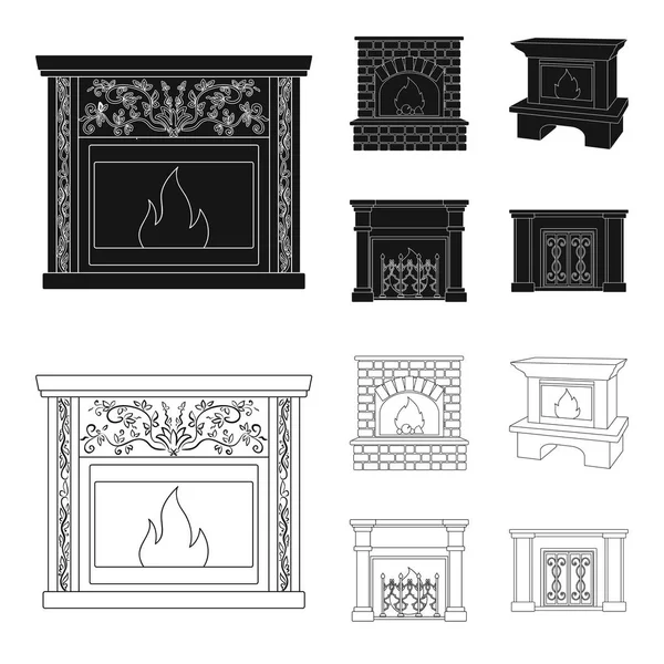 Tűz, melegség és a kényelem. Kandalló készlet gyűjtemény ikonok-ban fekete, vázlat stílusú vektor stock illusztráció web szimbólum. — Stock Vector
