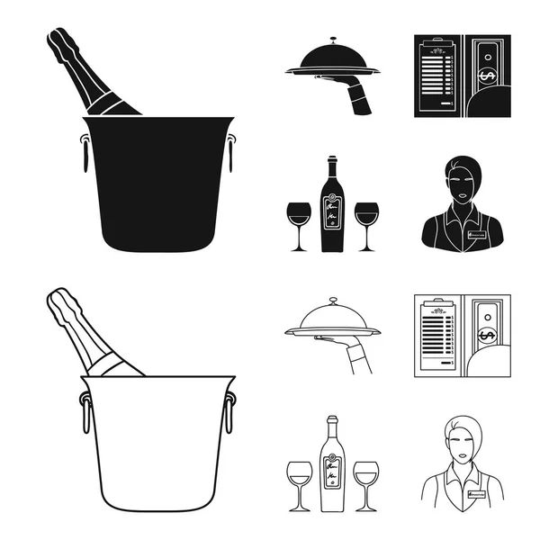 A tray with a cloth, check and cash, a bottle of wine and glasses, a waitress with a badge. Restaurant set collection icons in black,outline style vector symbol stock illustration web. — Stock Vector