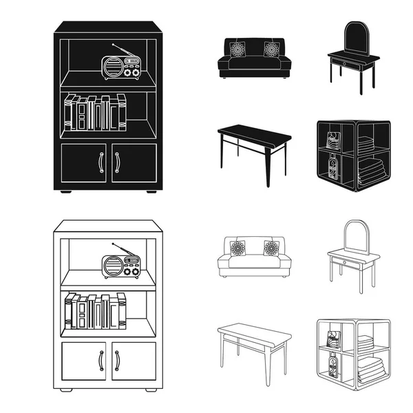 Sofá macio, mesa de maquilhagem, mesa de jantar, prateleira para lavandaria e detergente. Móveis e ícones de coleção de conjuntos de interiores em preto, estilo contorno símbolo vetorial isométrico web ilustração estoque . — Vetor de Stock