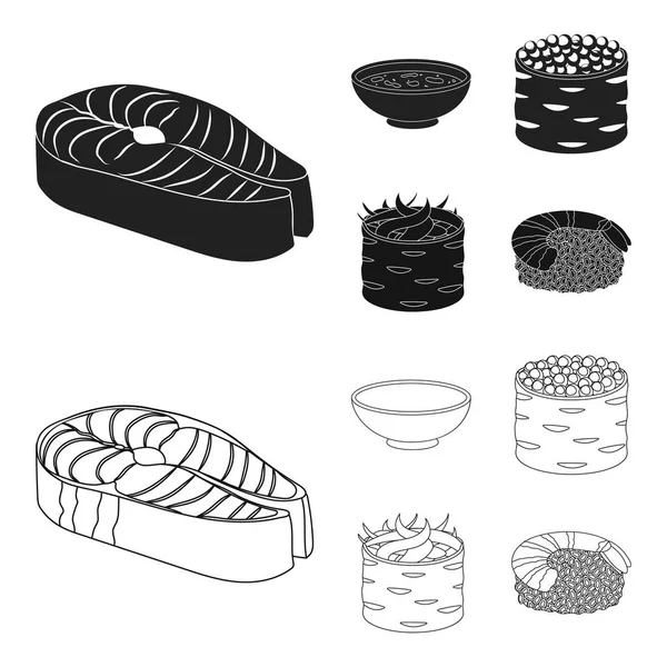 Tál leves, kaviár, garnélarák, rizzsel. Sushi készlet gyűjtemény ikonok-ban fekete, vázlat stílusú vektor stock illusztráció web szimbólum. — Stock Vector
