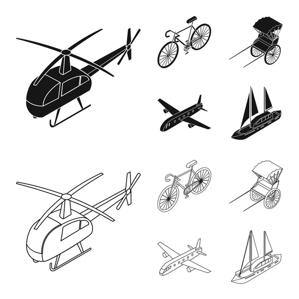 Vélo, pousse-pousse, avion, yacht.Transport set icônes de la collection en noir, contour style vectoriel symbole illustration web . — Image vectorielle