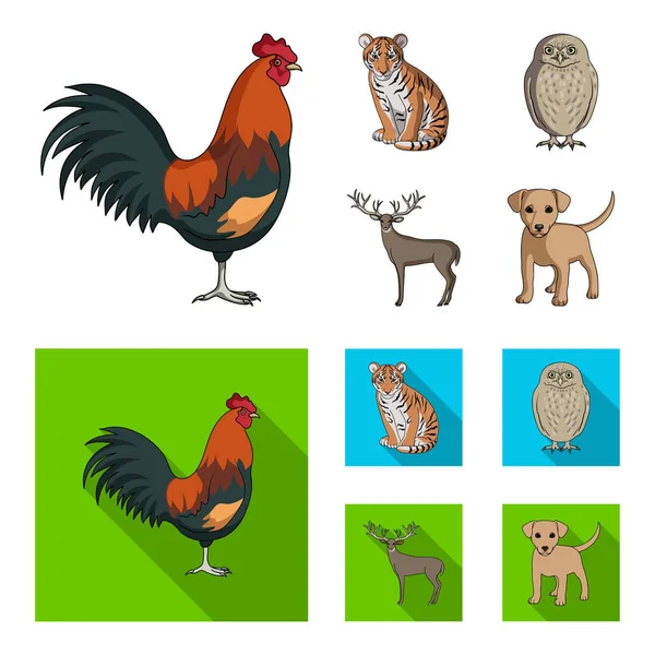 Rooster, tiger, deer, owl and other animals.Animals set collection icons in cartoon, flat style vector symbol stock illustration web . — стоковый вектор