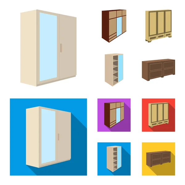 Armario con espejo, armario, estanterías con entrepisos. Dormitorio muebles conjunto colección iconos en dibujos animados, vector de estilo plano símbolo stock ilustración web . — Vector de stock