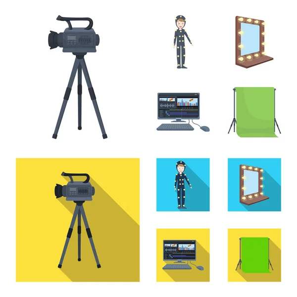 Une caméra de film, un costume pour les effets spéciaux et d'autres équipements. Faire des films ensemble icônes de la collection dans la bande dessinée, plat style vectoriel symbole illustration web . — Image vectorielle