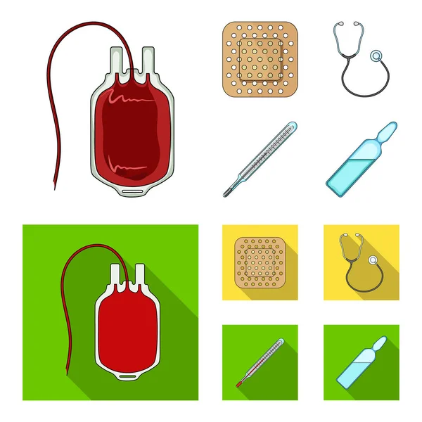 Pacchetto con il sangue del donatore e altre attrezzature. icone di raccolta set di medicinali in cartone animato, stile piatto vettore simbolo stock illustrazione web . — Vettoriale Stock