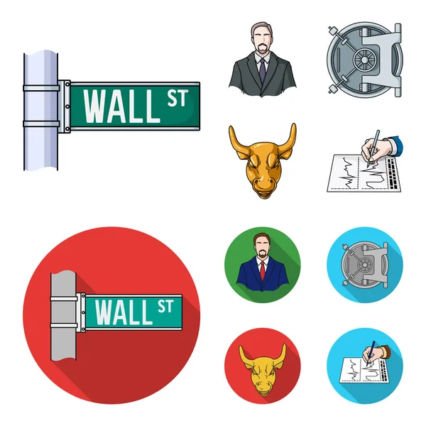 Wall Street, um homem de negócios, um cofre do banco, um touro de ouro. Dinheiro e finanças conjunto coleção ícones em desenhos animados, estilo plano símbolo vetorial estoque ilustração web . — Vetor de Stock