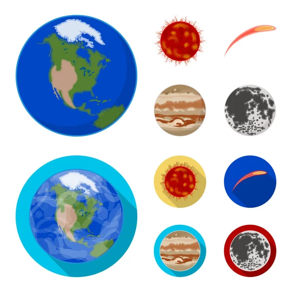 Tierra, Júpiter, el Sol del Planeta del Sistema Solar. Asteroide, meteorito. Planetas conjunto de iconos de colección en dibujos animados, vector de estilo plano símbolo stock ilustración web . — Vector de stock