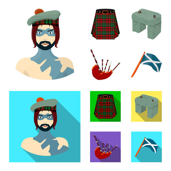 Highlander, Scottish Viking, tartan, kilt, scottish skirt, scone stone, national musical instrument of bagpipes. Scotland set collection icons in cartoon,flat style vector symbol stock illustration