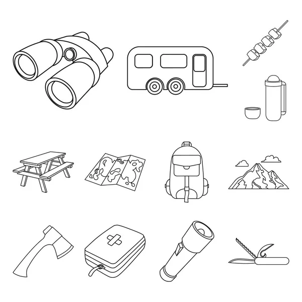 Ruhe in den Umrissen des Campingplatzes Symbole in Set-Kollektion für Design. Camping und Ausrüstung Vektor Symbol Lager Web Illustration. — Stockvektor