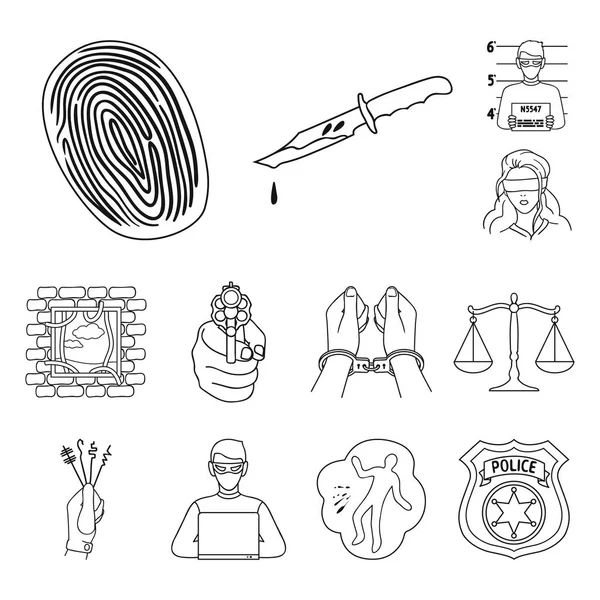 Έγκλημα και τιμωρία περίγραμμα εικονίδια στη συλλογή σετ για σχεδιασμό. Εικονογράφηση απόθεμα web σύμβολο ποινικές φορέα. — Διανυσματικό Αρχείο