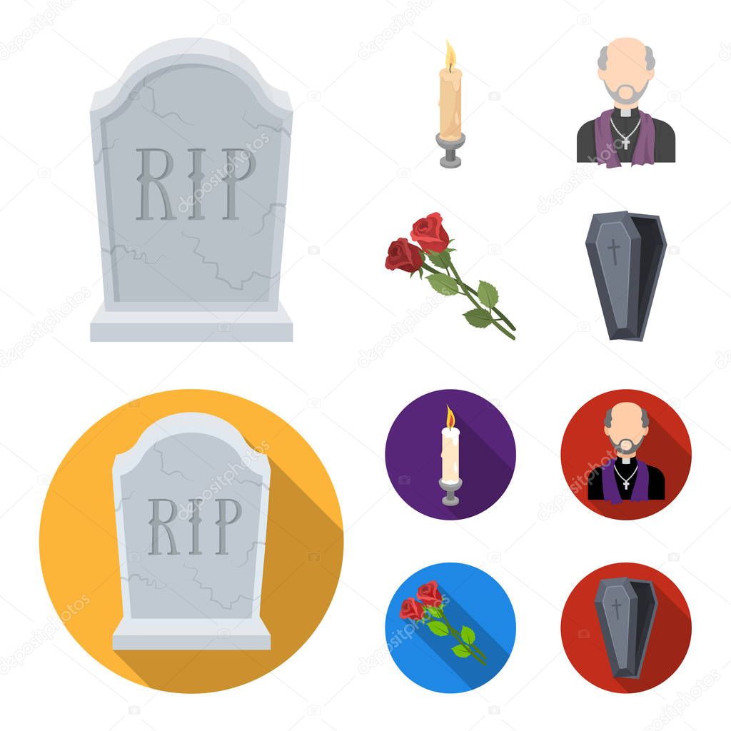 A granite tombstone with an inscription, a mourning candle, a pasteur, a priest, mourning roses. Funeral ceremony set collection icons in cartoon,flat style vector symbol stock illustration .