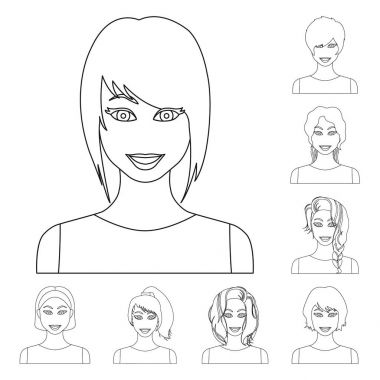Kadın saç modelleri türleri set koleksiyonu tasarım için simgeleri anahat. Bir kadın vektör simge stok web illüstrasyon görünümünü.