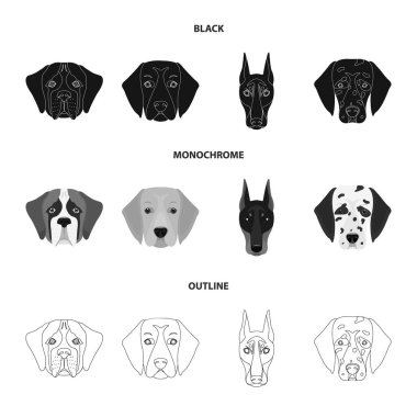 Farklı doğurmak-in köpek ağızlık. St. Bernard, golden retriever, Doberman, Dalmaçyalı doğurmak köpek toplama Icons set siyah, tek renkli, anahat stili vektör simge stok çizim web.