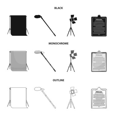Hromakey, komut dosyası ve diğer ekipmanlar. Film koleksiyon Icons set siyah, tek renkli, anahat stili vektör simge stok çizim web yapma.
