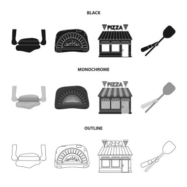Pizza hamuru, fırın, pizzacı bina, spatula demir çubuklar için. Pizza ve pizza koleksiyonu Icons set siyah, tek renkli, anahat stili vektör simge stok çizim web.