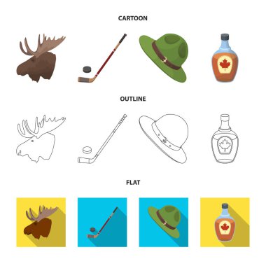 Kanadalı Polis şapkası, akçaağaç şurubu bir şişe ve Kanada diğer simgeler. Kanada koleksiyonu Icons set çizgi film, anahat, düz stil vektör simge stok çizim web.