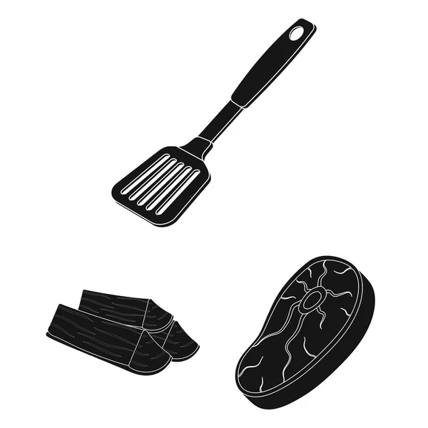 Churrasco e equipamentos ícones pretos na coleção de conjuntos para design. Piquenique e frito alimento vetor símbolo web ilustração . — Vetor de Stock