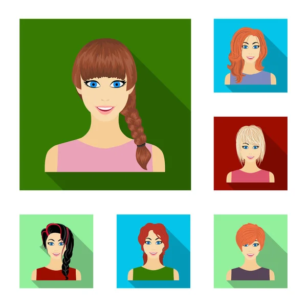 Tipos de penteados femininos ícones planos na coleção de conjuntos para design. Aparência de uma mulher vetor símbolo web ilustração . — Vetor de Stock