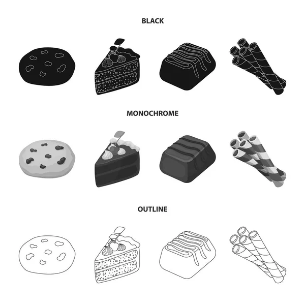 Amerikai süti, torta, édesség, ostya tubulus egy darab. Csokoládé desszert készlet gyűjtemény ikonok-ban fekete, fekete-fehér, vázlat stílusú vektor szimbólum stock illusztráció web. — Stock Vector