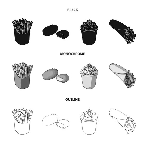 Food, refreshments, snacks and other web icon in black,monochrome,outline style.Packaging, paper, potatoes icons in set collection. — Stock Vector