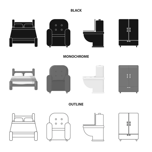 Un lit, un fauteuil, une toilette, une armoire. MeublesEnsemble de meubles icônes de la collection en noir, monochrome, contour style vectoriel symbole illustration web . — Image vectorielle