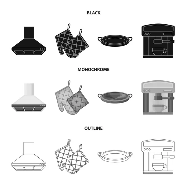 Equipo de cocina negro, monocromo, iconos de contorno en la colección de conjuntos para el diseño. Cocina y accesorios vector símbolo stock web ilustración . — Vector de stock