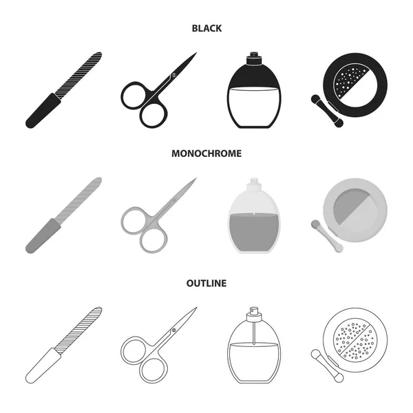 Nail file, scissors for nails, perfume, powder with a brush.Makeup set collection icons in black, monochrome, outline style vector symbol stock illustration web . — стоковый вектор