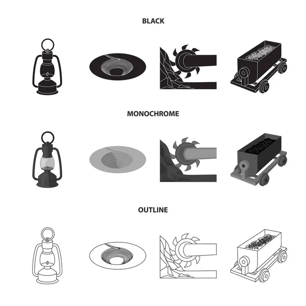 A miner lamp, a funnel, a mining combine, a trolley with ore.Mining industry set collection icons in black,monochrome,outline style vector symbol stock illustration web. — Stock Vector