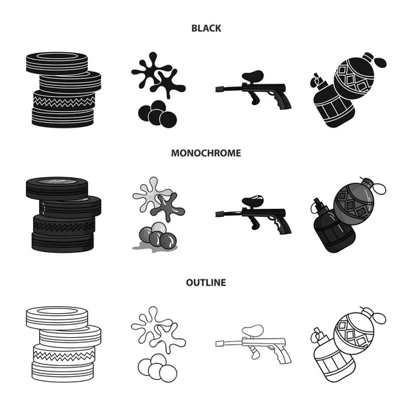 Competencia, concurso, equipo, neumáticos .Paintball conjunto de iconos de la colección en negro, monocromo, contorno estilo vector símbolo stock ilustración web . — Vector de stock