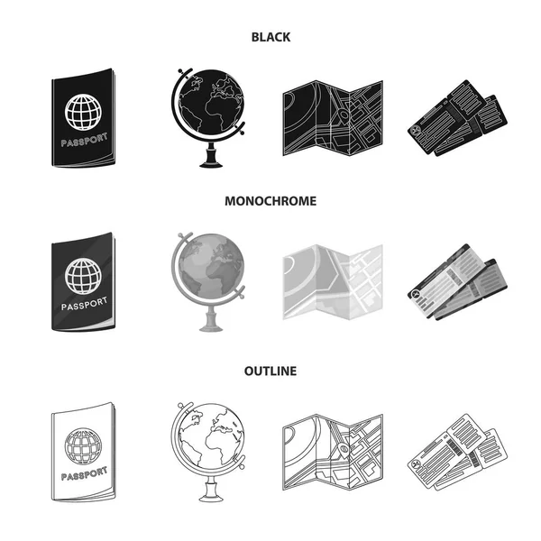 Vacances, voyage, passeport, globe .Repos et voyage ensemble icônes collection en noir, monochrome, contour de style vectoriel symbole illustration web . — Image vectorielle