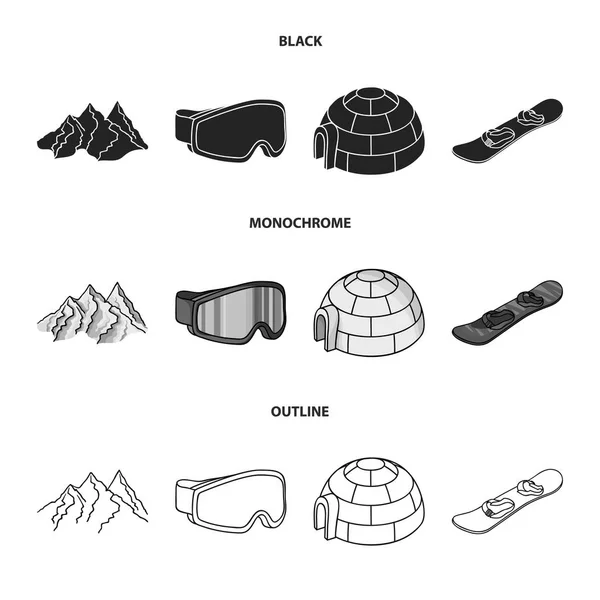 Hegyek, szemüveg, egy jégkunyhó, snowboard. Síközpont készlet gyűjtemény ikonok-ban fekete, fekete-fehér, vázlat stílusú vektor szimbólum stock illusztráció web. — Stock Vector